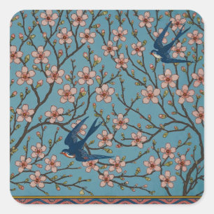 Retro Blauwe Bloemige Zwaluwnmotief van Walter Cra Vierkante Sticker
