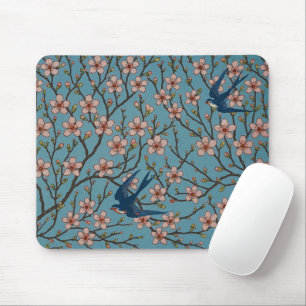 Retro Blauwe Bloemmotief met Zwaluwen van Walter C Muismat