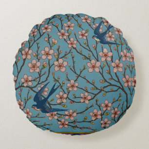 Retro Blauwe Bloemmotief met Zwaluwen van Walter C Rond Kussen
