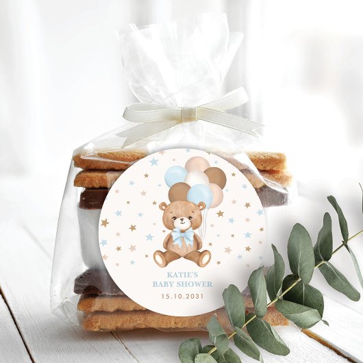 Retro blauwe bruine teddybeer ballonnen jongensfee ronde sticker