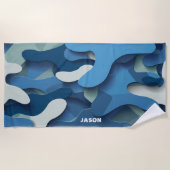 Retro Blauwe Camouflage Golven Modern Monogram Strandlaken (Voorkant)