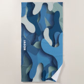 Retro Blauwe Camouflage Golven Modern Monogram Strandlaken (Voorkant)