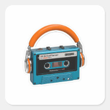 Retro blauwe cassettebandje met oranje hoofdtelefo