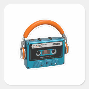 Retro blauwe cassettebandje met oranje hoofdtelefo vierkante sticker