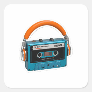 Retro blauwe cassettebandje met oranje hoofdtelefo vierkante sticker