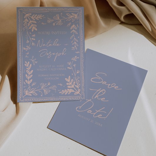 Retro Blauwe Crème Getekende Bloementuin Bewaar De Save The Date