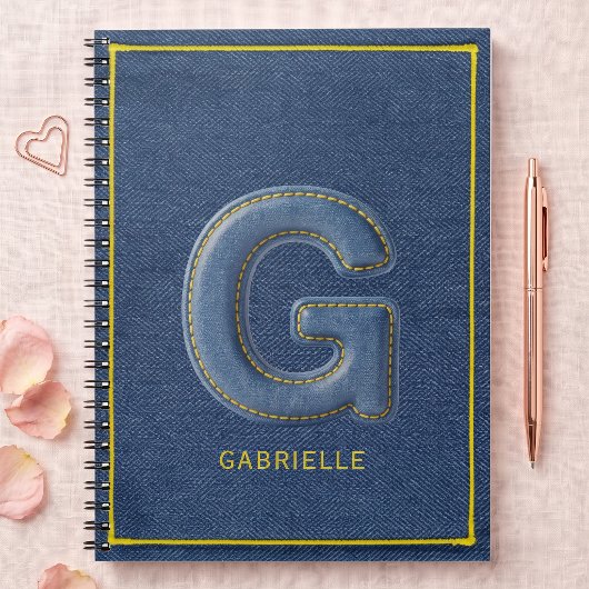 Retro blauwe denim gestikte letter G monogram Notitieboek