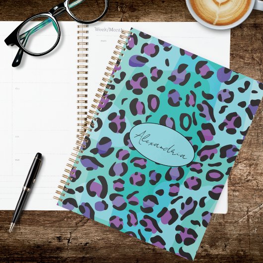 Retro blauwe en paarse luipaardprint planner