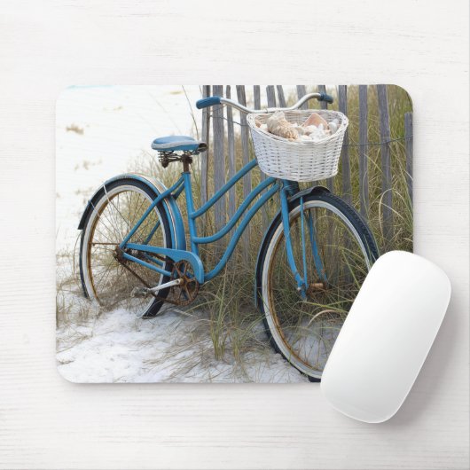Retro blauwe fiets met schelpen muismat (Met muis)