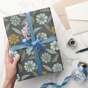 Retro Blauwe & Gele Bloem Cadeaupapier