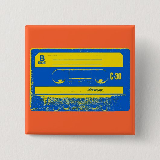 Retro blauwe & gele cassetteband vierkante button 5,1 cm (Voorkant)