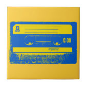 Retro blauwe & gele cassettebandje tegeltje (Voorkant)
