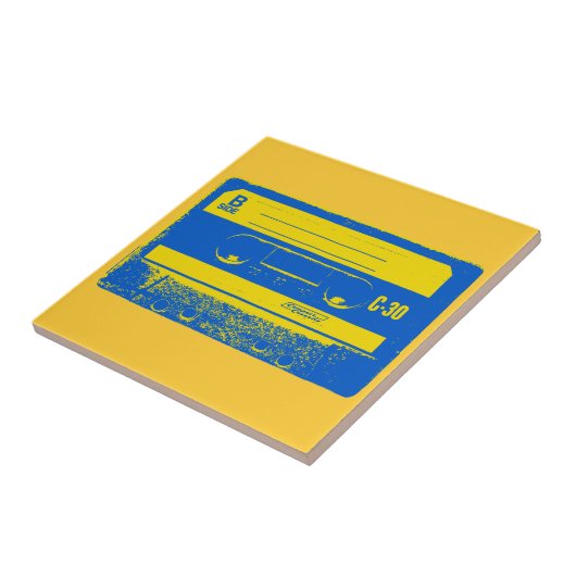Retro blauwe & gele cassettebandje tegeltje (Zijkant)