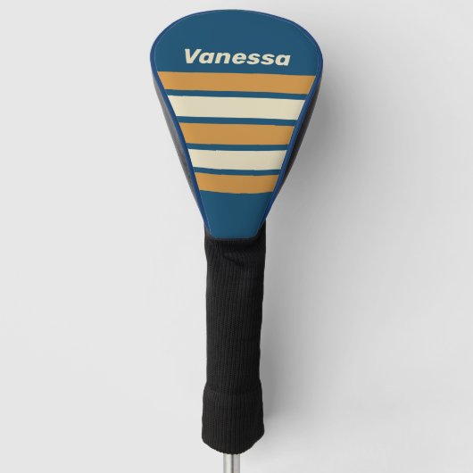 Retro blauwe golf over strepen met naam golfheadcover (Voorkant)