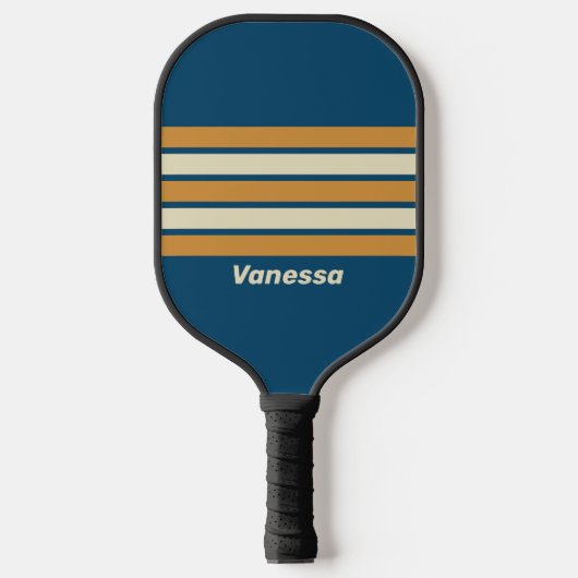 Retro Blauwe Golf over Strepen met Naam Pickleball Paddle (Voorkant)