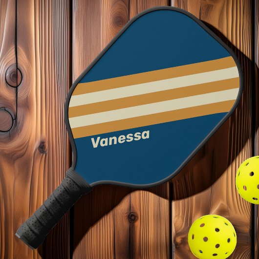 Retro Blauwe Golf Strepen met Naam Pickleball Paddle