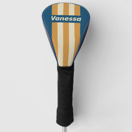 Retro Blauwe Golfhoes met Naam en Strepen Golfheadcover