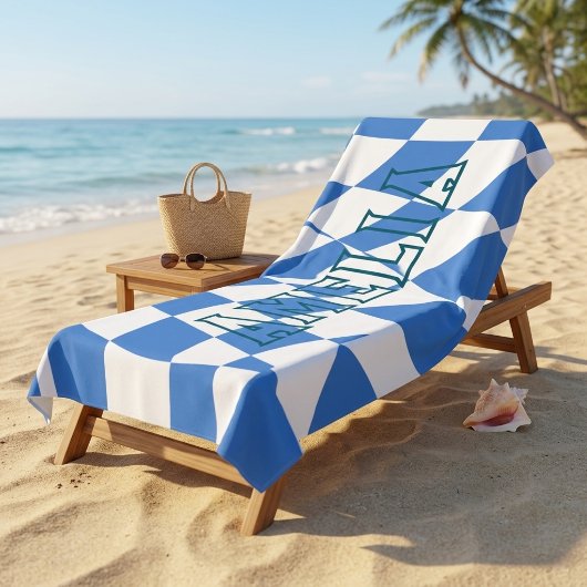 Retro Blauwe Golfjes Geruite Aangepaste Naam Strandlaken