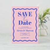 Retro Blauwe Golvende Slinger Foto Bruiloft Save The Date (Staand voorkant)