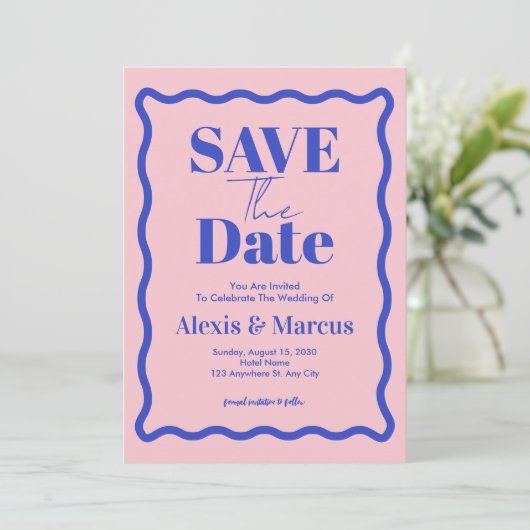 Retro Blauwe Golvende Slinger Foto Bruiloft Save The Date (Staand voorkant)