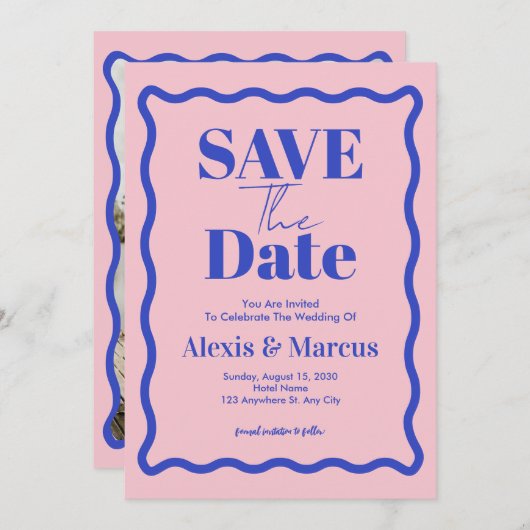 Retro Blauwe Golvende Slinger Foto Bruiloft Save The Date (Voorkant / Achterkant)