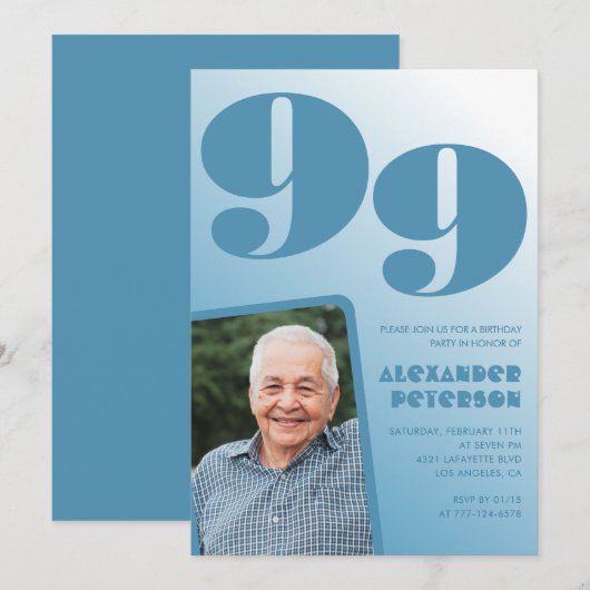 Retro Blauwe Gradiënt Foto 99e verjaardag Kaart (Voorkant / Achterkant)