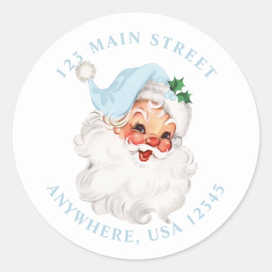 Retro blauwe kerstman retro adreslabel ronde sticker (Voorkant)