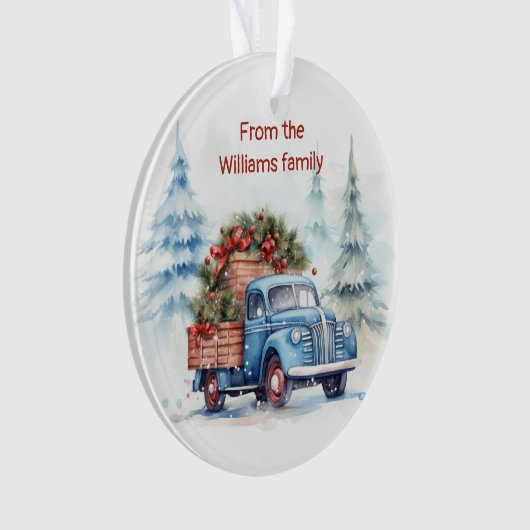 Retro Blauwe Kerstwagen Ornament (voorkant)