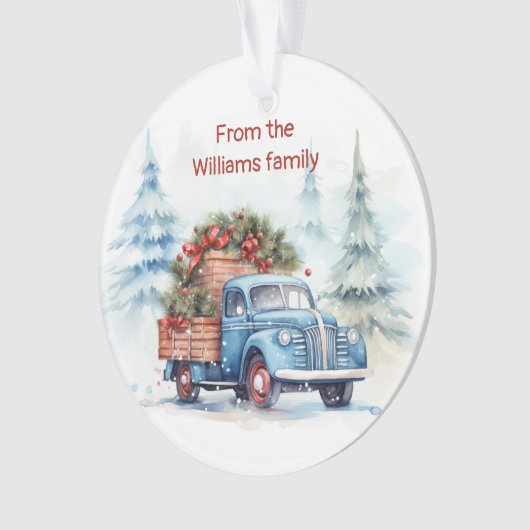 Retro Blauwe Kerstwagen Ornament (voorkant)