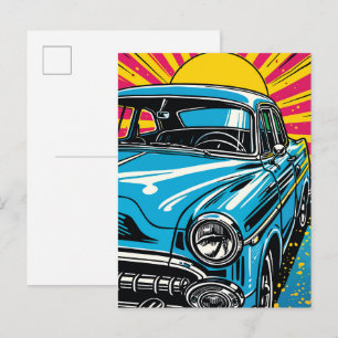 Retro Blauwe Klassieke Auto Voorkant Pop Art Illus Briefkaart