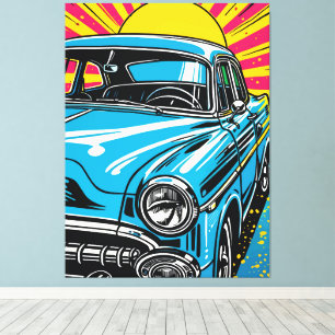 Retro Blauwe Klassieke Auto Voorkant Pop Art Illus Canvas Afdruk