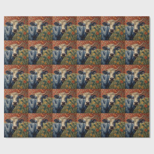 Retro Blauwe koe in zonnebloementuin Cadeaupapier (Vlak)