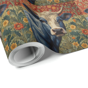 Retro Blauwe koe in zonnebloementuin Cadeaupapier