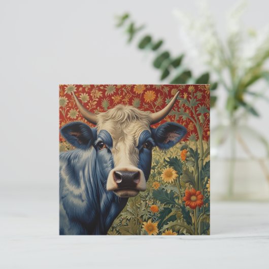 Retro Blauwe koe in zonnebloementuin Kaart (Staand voorkant)