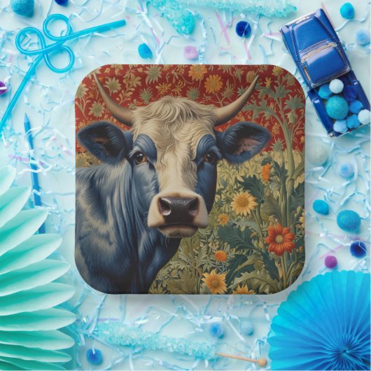 Retro Blauwe koe in zonnebloementuin Papieren Bordje (Feest)