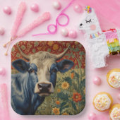 Retro Blauwe koe in zonnebloementuin Papieren Bordje (Feest)