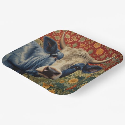 Retro Blauwe koe in zonnebloementuin Papieren Bordje (Gebogen)