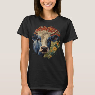 Retro Blauwe koe in zonnebloementuin T-shirt