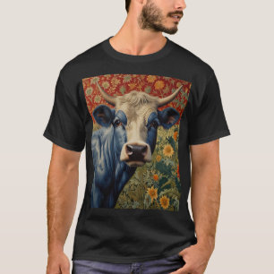 Retro Blauwe koe in zonnebloementuin T-shirt
