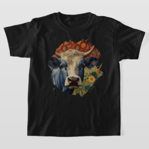 Retro Blauwe koe in zonnebloementuin T-shirt