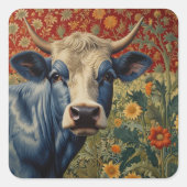Retro Blauwe koe in zonnebloementuin Vierkante Sticker (Voorkant)