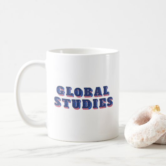Retro blauwe letters globale studies koffiemok (Met donut)