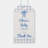 Retro blauwe met de hand getekende Gingham strik b Cadeaulabel (Voorkant)