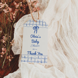 Retro blauwe met de hand getekende Gingham strik b Cadeaulabel