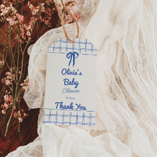Retro blauwe met de hand getekende Gingham strik b Cadeaulabel
