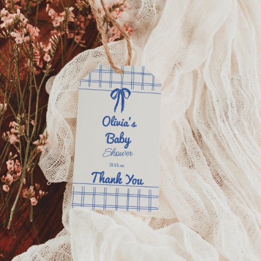 Retro blauwe met de hand getekende Gingham strik b Cadeaulabel