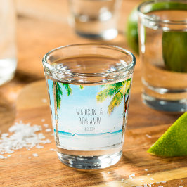 Retro Blauwe Oceaan Strand Palmbomen Tropisch Huwe Shot Glas