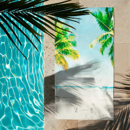 Retro Blauwe Oceaan Strand Palmbomen Tropisch Huwe Strandlaken