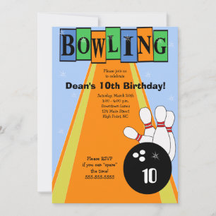 Retro blauwe & oranje verjaardags bowlingfeest uit kaart