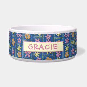 Retro Blauwe Patchwork Bloemstuk Custom Grote Hond Voerbakje